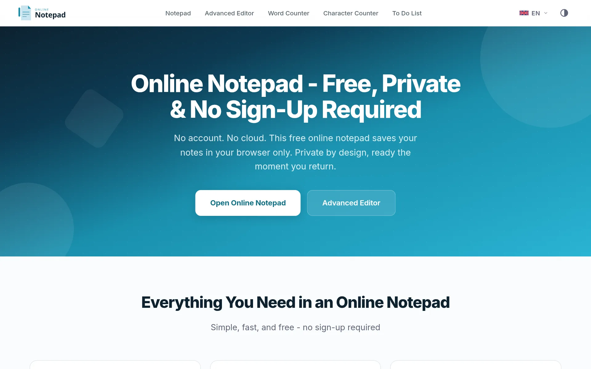 Online Notepad homepage